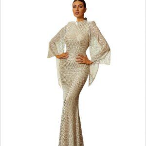 NWT Miss Ord Gold Sequin Formal Long Flare Sleeve Evening Gown Dress SZ M Prom